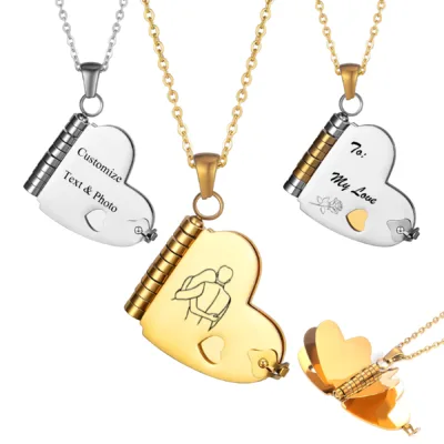 Personalized Text Photo Bible Words Stainless Steel Heart Book Pendant Necklace
