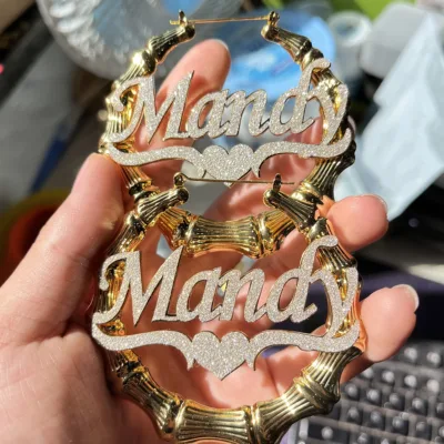Custom Bling Name Bamboo Colorful With Earrings Big Hoops