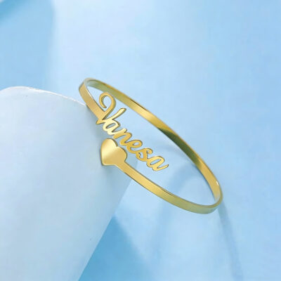 Heart Name Custom Bangle Personalized Bracelet Cuff Gift for Women Men Kid Father Dad Mother Stainless Steel Gold Color Jewelry