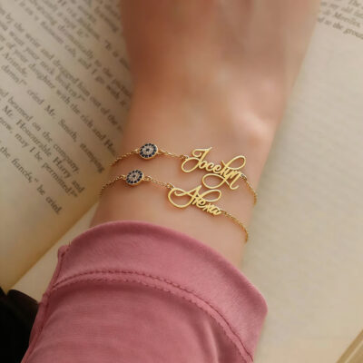 Personalized Stainless Steel Name Bracelet with Devil's Eye Pendant Customized Couple's Holiday Jewelry Gift