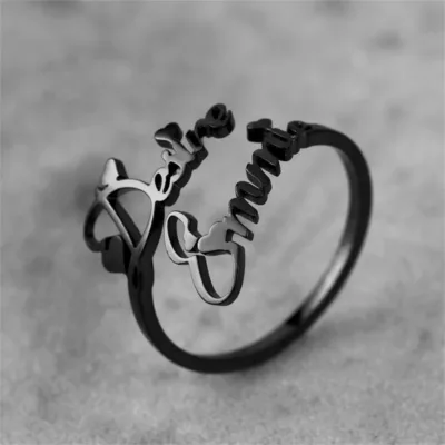 Custom Double Name Rings Adjustable Black Color Stainless Steel Personalized Nameplate Wedding Ring Jewelry Gift for Women