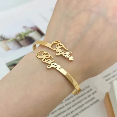 Custom Couple Two Name Bangle Personalized Double Name Stainless Steel Bracelet Couple Bracelet Dainty Jewelry Bridesmaid Gifts