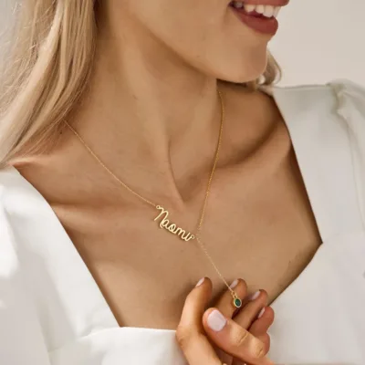 Custom Birthstone Lariat Name Necklace Gold Name Necklace Birthstone Necklace Personalised Jewelry Birthday Gift Christmas Gift