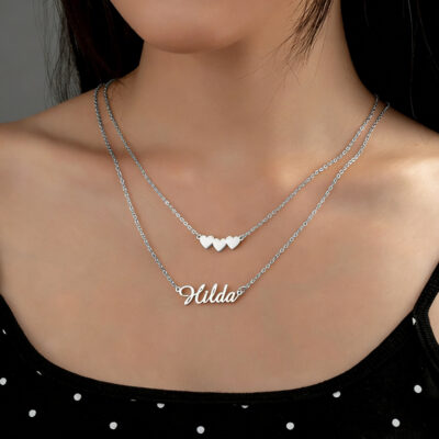 Custom Name Necklace for Women Personalized Stainless Steel Double Chain Heart Pendant Fashionable Elegant Holiday Jewelry Gift
