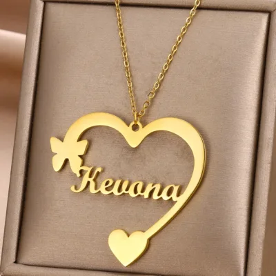 Custom Heart Butterfly Name Necklace Jewelry Stainless Steel Gold Color Personalized Nameplate Pendant Necklace Women Girl Gifts
