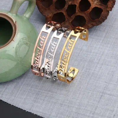 Personalized Name Bracelet Custom Hollow Heart Stainless Steel Gold Bangle Fashion Jewelry Valentine's Day Gift For Girlfriend