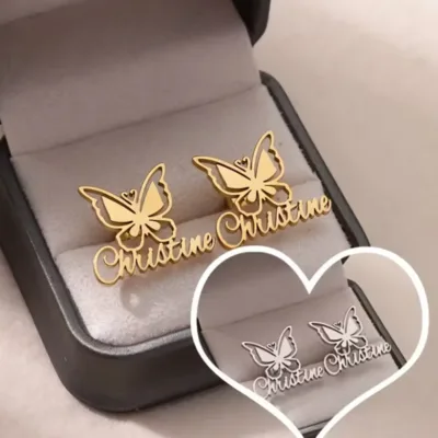 Customized Stainless Steel Butterfly Shaped Earrings, Personalized Name Combinations, Exquisite Gifts for Friends and Mothers
