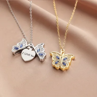 Fashion Classic Openable Butterfly Love Lady Pendant Necklace Engraved I Love You Romantic Proposal Valentine's Day Gift Jewelry
