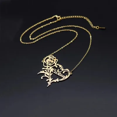 Custom Name Rose Heart Charm Necklace Romantic Personalized Stainless Steel Flower Pendant Collar Women Jewelry Girlfriend Gift