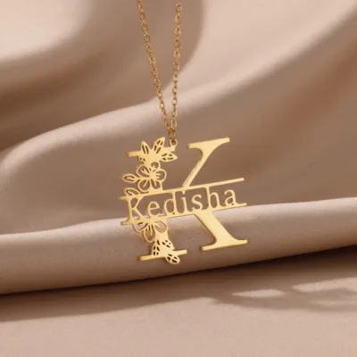 Custom Flower Name Necklace Women Girl Jewelry Stainless Steel Personalized Big Capital Letter Nameplate Pendant Necklace
